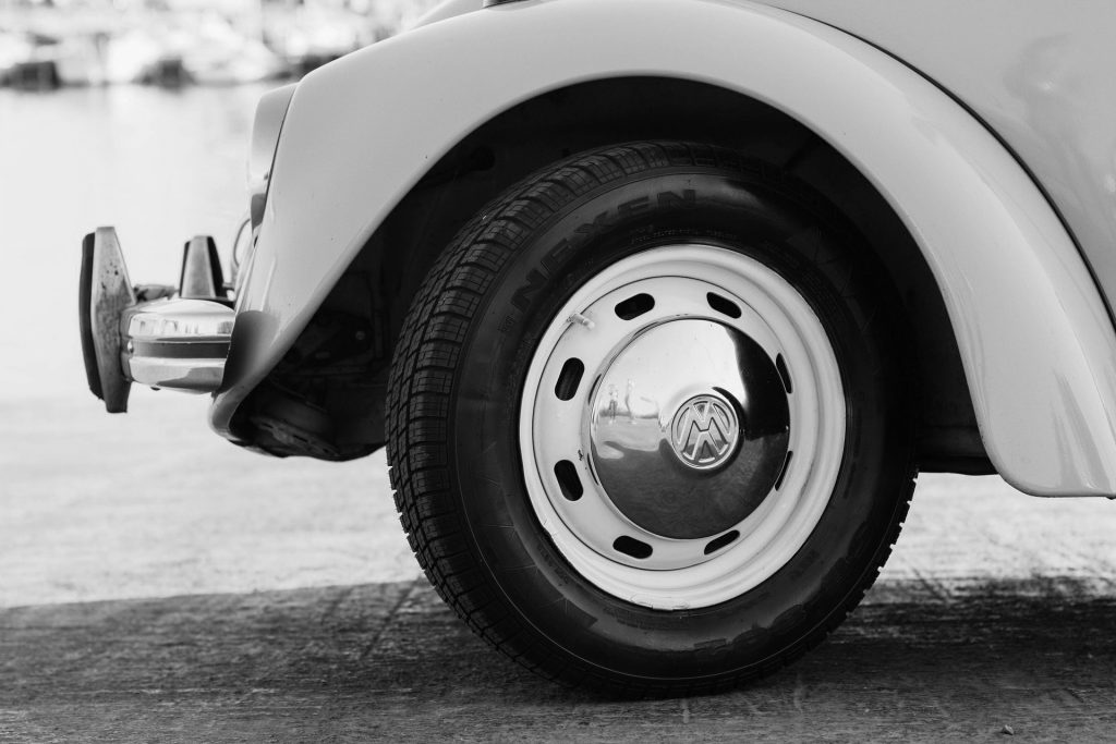Black and white image of Volkswagen tire